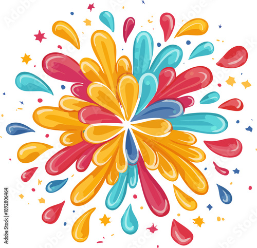 Vibrant colorful splash with droplets and stars.
