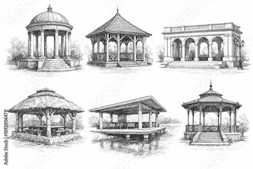 Historic Garden Pavilions, Gazebos and Classical Park Architecture Hand-Drawn Engraving Illustration Set