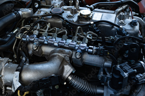 Detailed View of a Modern Diesel Truck Engine Bay with Fuel Lines and Hoses - Automotive Engineering, Vehicle Maintenance and Logistics Concept 2