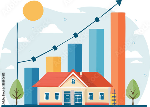 Housing Market Growth Graph Illustration with Home and Statistics.