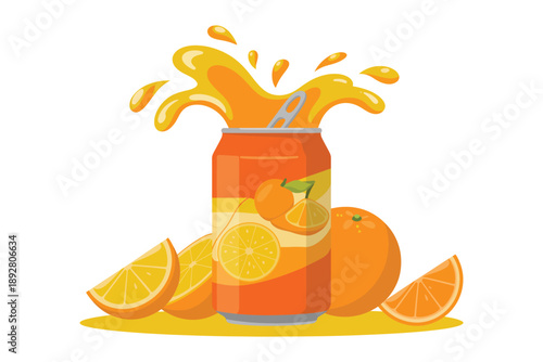 An illustration of a refreshing orange soda can with splashing juice and slices