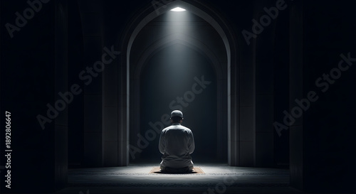 Dramatic Rear View of Muslim Man Praying in Mosque Interior