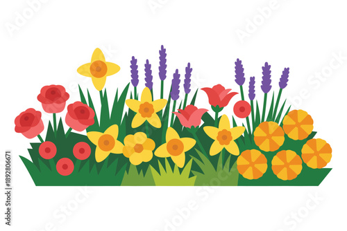 A vibrant and colorful illustration of a flower garden with various blooms