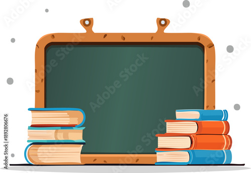 Illustration of a blackboard with books on a white background.