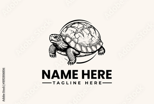 Black and white illustration of a turtle with a brain for a shell, forming a logo with placeholder text on a beige background.