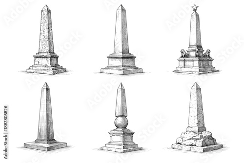 Historic Stone Obelisks and Monument Pillars Hand-Drawn Engraving Illustration Set