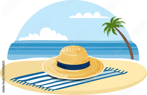 Summer vacation beach scene with straw hat and palm tree.