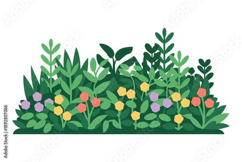 A vibrant and colorful illustration of a lush garden with various flowers and plants