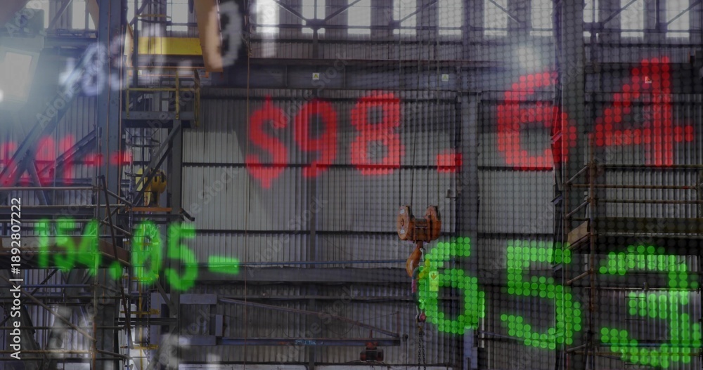 Fototapeta premium Projecting translucent red and green stock numbers over industrial hall with crane hook, scaffolds