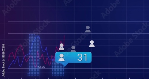 Displaying blue callout bubble showing user icon 31 on data dashboard with lines, dotted bars +2
