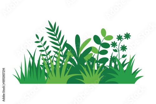 A vibrant green grassy landscape with various plants and foliage growing together