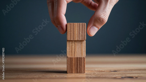 hand holding wood block put and place stack on wood tile arrange on wooden table with clean blackground