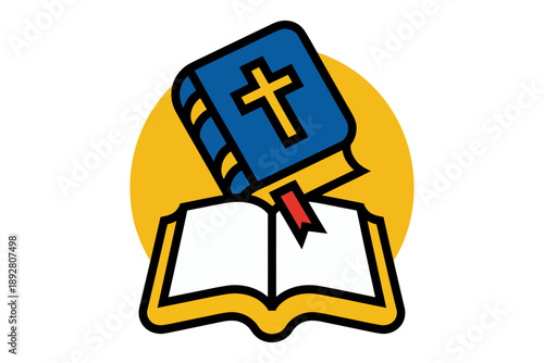 Open holy bible and closed scripture book with cross symbol, representing faith and knowledge
