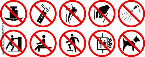 Universal prohibition signs collection in clear cautionary style with bright red and black vector graphic format for safety regulations and public area rules.