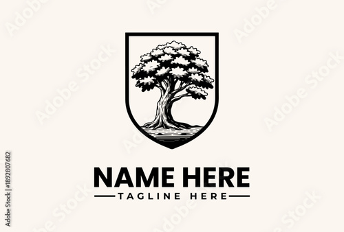 A black and white illustration of a tree within a shield logo with placeholder text for a name and tagline on a beige background.
