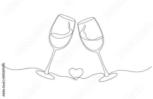 Two Clinking Wine Glasses with Heart One Line Art Valentines Day Romantic Celebration Toast Vector Illustration