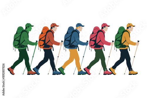 A group of hikers walking in a line with backpacks and trekking poles