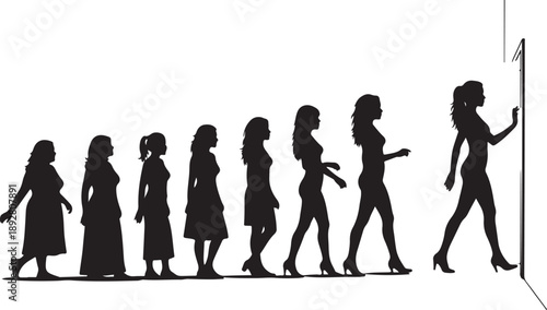 Silhouettes of women walking in a line formation together