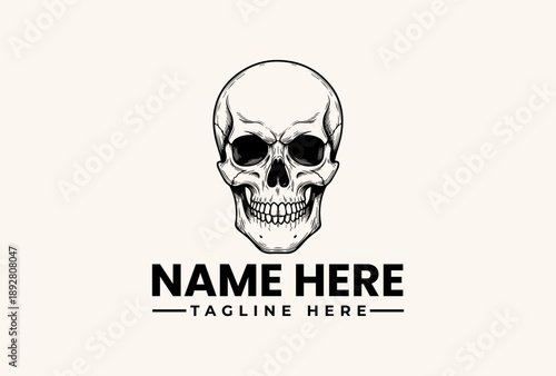 A black and white illustration of a skull with a placeholder text for a name and tagline on a plain background, featuring a logo and vector design elements.