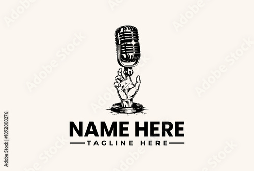 Black and white illustration of a hand holding a vintage microphone with a placeholder text for a name and tagline on a clean background.