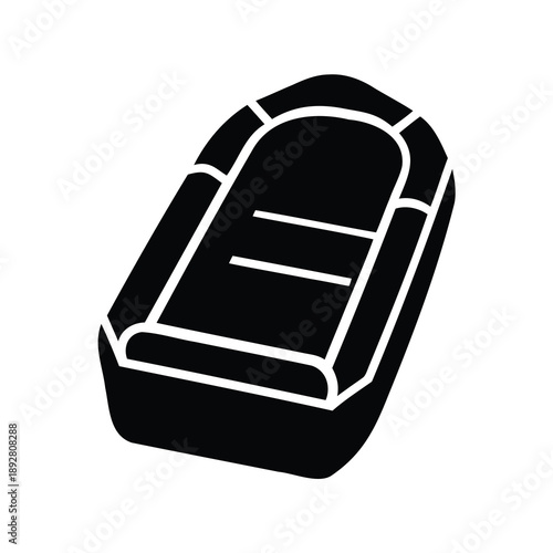 A simplified black silhouette of an inflatable dinghy boat for recreational use