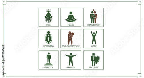 Emotional and psychological icon set — nine illustrated concepts including calm, peace, connection, strength, hope, growth, and security, ideal for wellness and mental health.