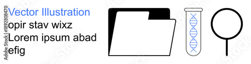 Scientific research, data management, biotechnology, genetics analysis, lab studies, information storage. A folder, DNA-filled test tube and magnifying glass. Data management and genetics analysis
