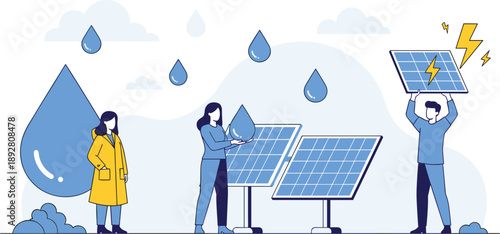 Solar energy in rainy conditions illustration — three characters interacting with panels, droplets, and lightning, symbolizing innovation in renewable energy and weather adaptation.