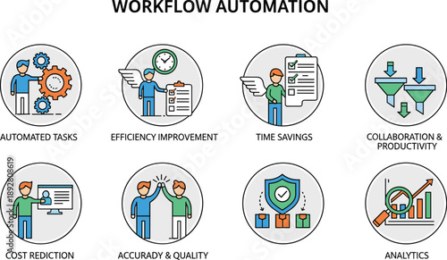 Workflow automation infographic illustration — eight icons showing benefits like efficiency, time savings, collaboration, security, and analytics, ideal for business and process design.