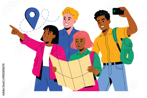 A group of diverse young friends using a map and smartphone together