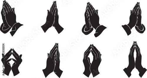 Praying hands in various positions and styles isolated white