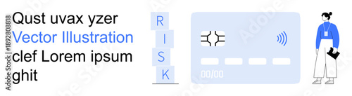 Digital banking, payment security, risk analysis, technology, e-commerce, identity protection. A contactless credit card and a professional character. Digital banking and payment security concept