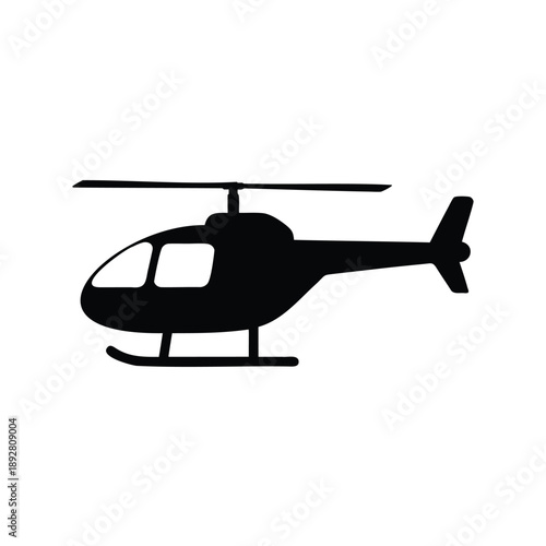 Silhouette of a helicopter with rotor and tail fins on white backdrop