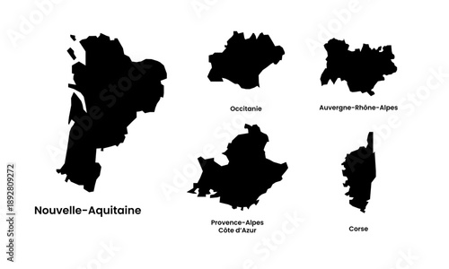 Black Silhouette Maps of Southern France Regions Vector Illustration