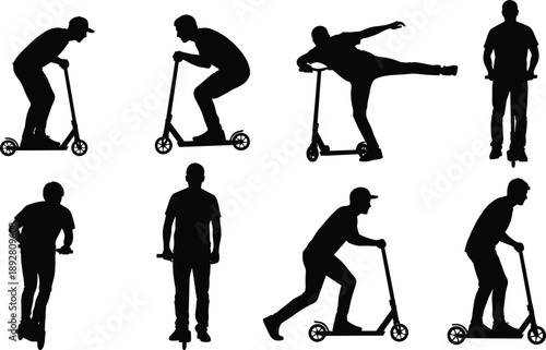 Set of kick scooter rider silhouettes in black showing riding and balancing poses for urban transport illustration, youth lifestyle graphics, and vector design use