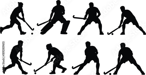 Set of field hockey player silhouettes in black showing dribbling and striking actions for sports illustration, training graphics, and vector design use