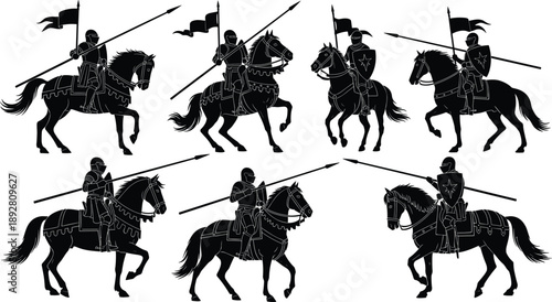 Set of medieval knight silhouettes on horseback showing jousting and cavalry poses for historical illustration, fantasy design, and vector artwork use
