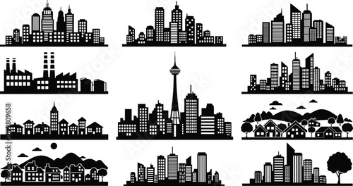 Set of urban city skyline silhouettes in black showing modern buildings, suburbs, and industrial areas for architecture illustration and vector design use
