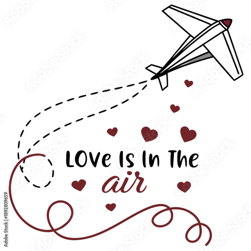 Valentine Airplane Graphic – Love Is In The Air, Cute Romantic Paper Plane with Heart Trail, Wedding Invitation Illustration, Long Distance Relationship Art, Hearts and Clouds Design, and Vector Decor