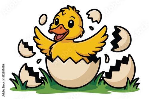A happy cartoon duckling emerges from a broken eggshell in green grass