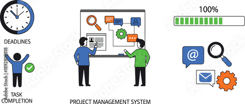 Colorful illustration of project management system with task completion, deadline tracking, collaboration tools, and progress monitoring in organized vector style.Colorful illustration