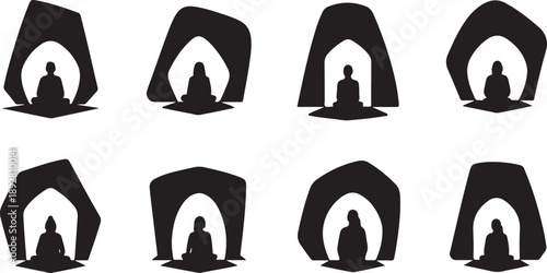 Meditation silhouettes in various cave settings for mindfulness concept