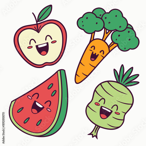 Cute Fruit and Vegetable Cartoon Icons with Smiling Faces - Fun Vector Food Characters
