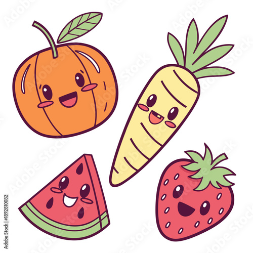 Charming Fruit and Vegetable Cartoon Icons with Happy Faces - Adorable Vector Food Graphics
