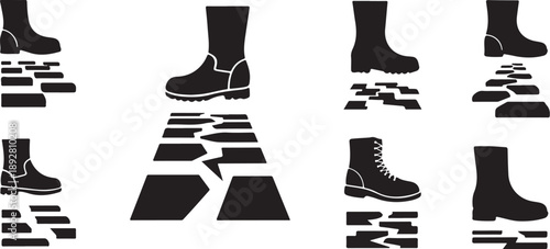 Black boots stepping on broken white road sections pattern