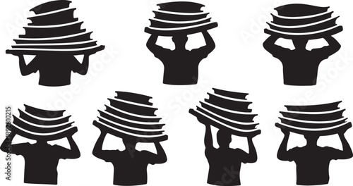 Silhouettes of people carrying plates on their heads together