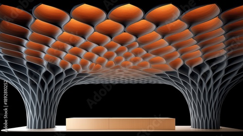 Immersive booth design with two orange textured tree like structures and central empty table featuring organic interwoven fluid shape