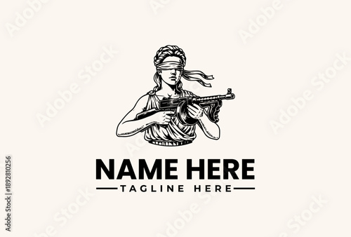 A minimalist line art illustration of a blindfolded woman holding a gun with a placeholder text for a logo or brand name on a plain background, featuring a vector logo design with an icon