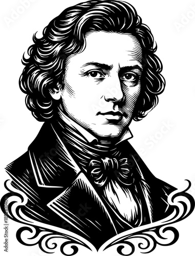 frédéric chopin vintage engraved portrait, composer, vector, illustration	