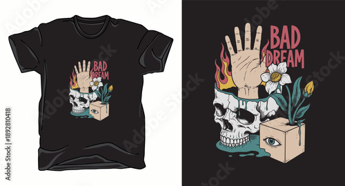 Bad dream vintage style graphic t-shirt design with hand coming out of skull and flowers